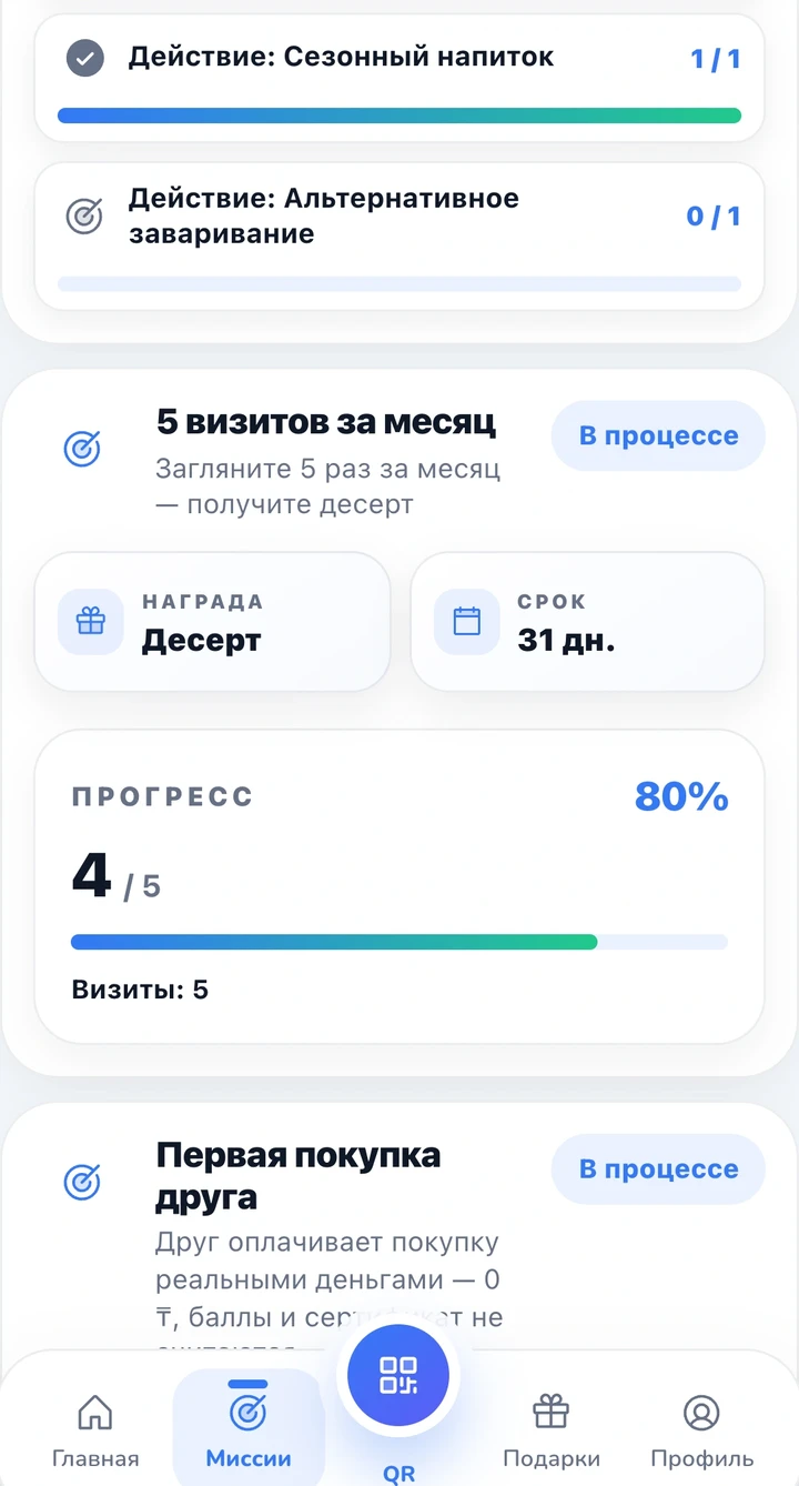 Миссия «5 визитов за месяц» в приложении: прогресс 4 из 5