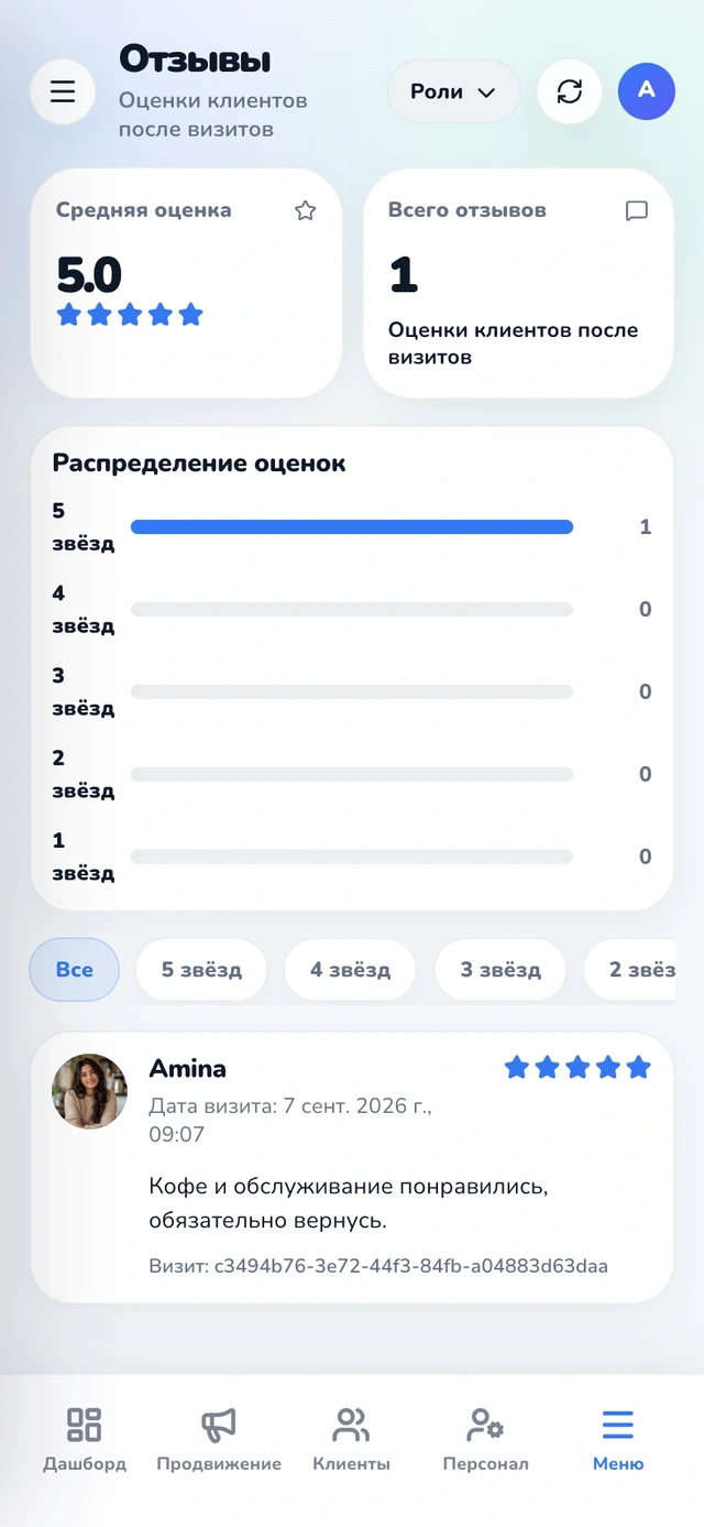 Кабинет: средняя оценка и список отзывов