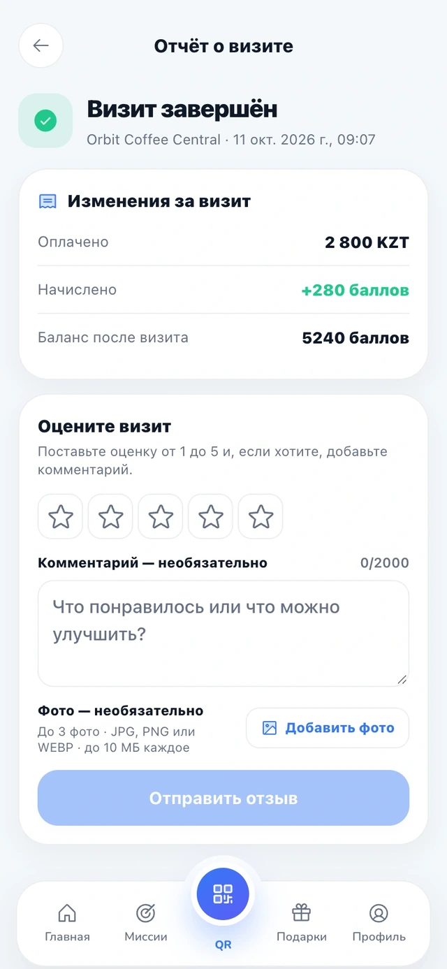 Приложение клиента: оценка визита от 1 до 5, комментарий и фото